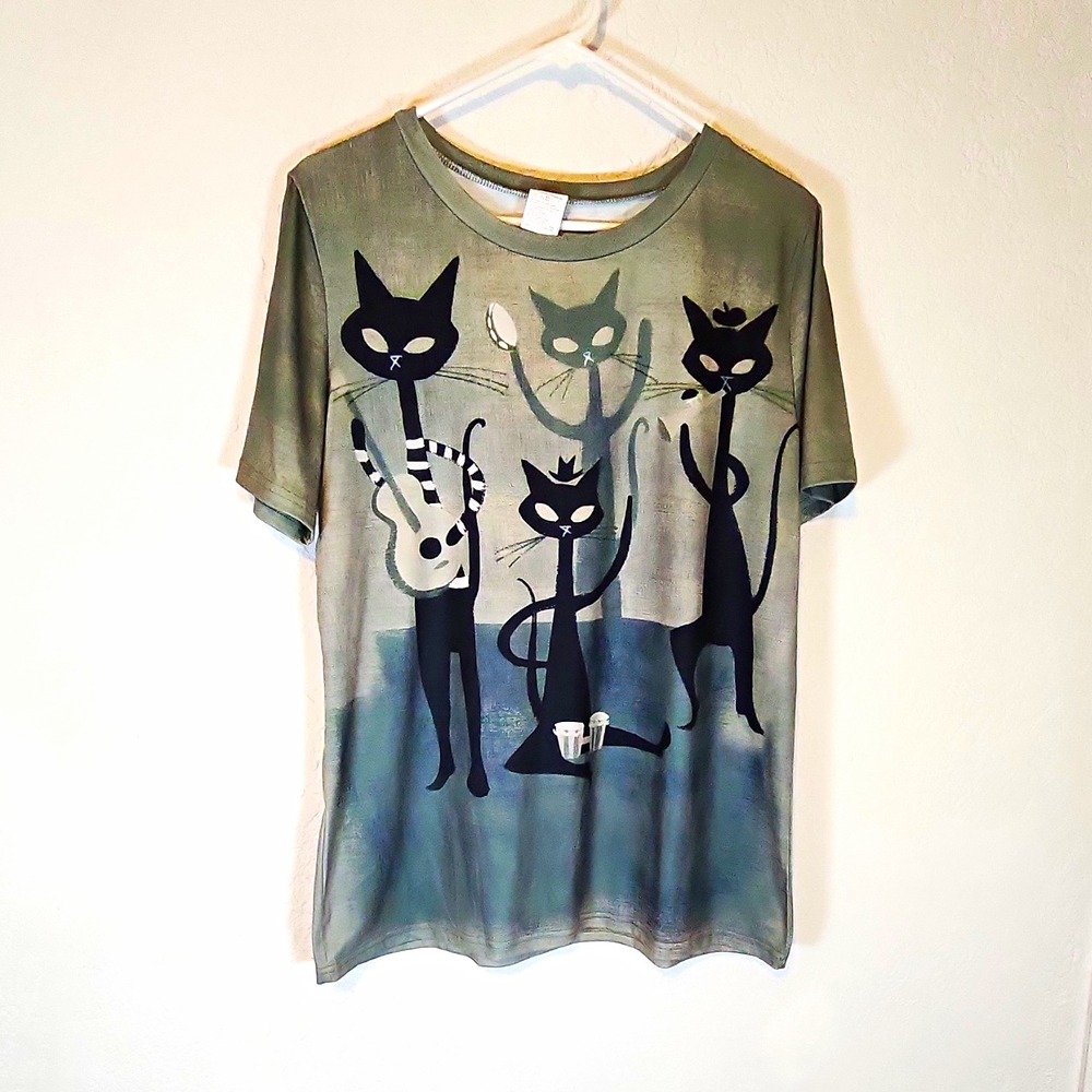 Men's XL Gray Graphic Cat Music Print Crew Neck Short Sleeve Knit T-Shirt